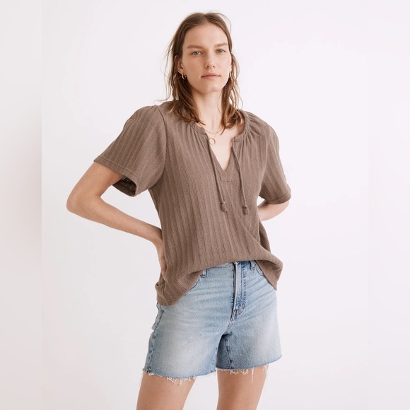 Madewell Tops - Madewell Women's Pointelle Knit Tie Neck Tunic Top Shirt Short Sleeve Size Large